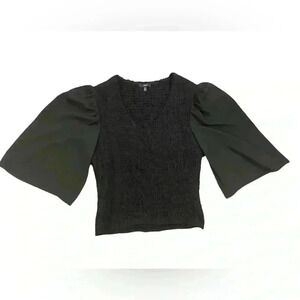 DREW Black Puff Sleeve Scrunch V-Neck Size Small
